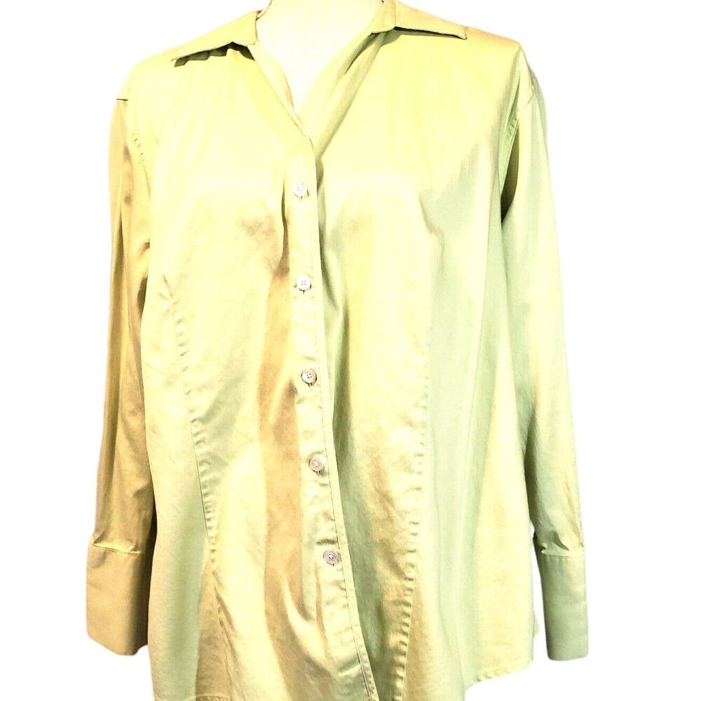 Talbots Woman Green Button Up Top Size 20W Petites Pretty Sateen Stretch Cotton